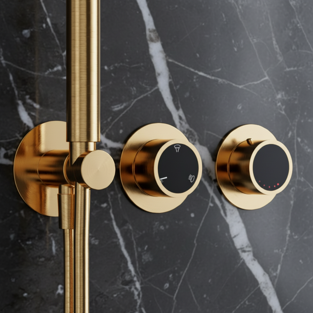 Thermostatische Inbouw Regendoucheset Marino – Digitale Regeling - Waterval & Staafhanddouche – Brushed Gold