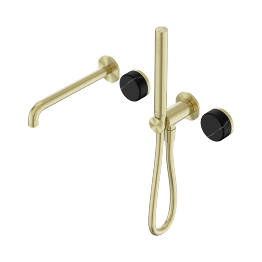 Inbouw badmengkraan Sorrento - Marquina Black - Staafhanddouche en uitloop - Zonder achterplaat - Brushed gold