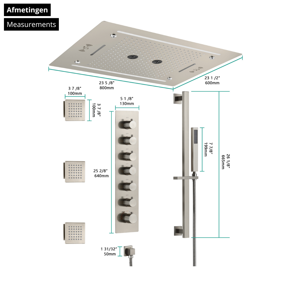 6-in-1 Thermostatische Inbouw Regendoucheset Marino – Bluetooth & Speakers – LED Verlichting – Massagejets - Brushed nickel