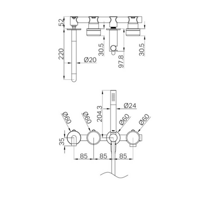 Inbouw badmengkraan Sorrento - Carrara - Staafhanddouche en uitloop - Zonder achterplaat - Brushed nickel
