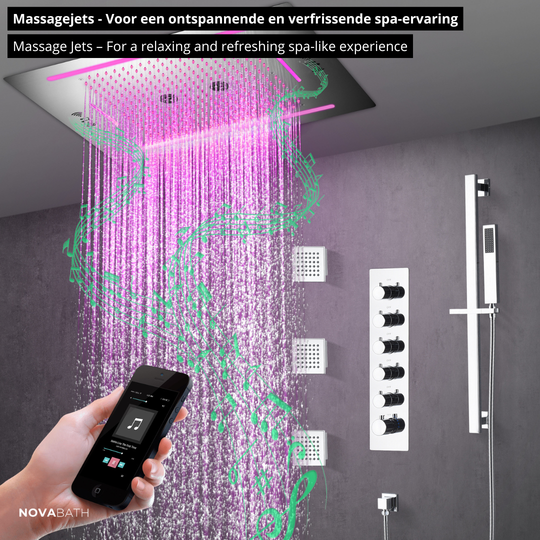 5-in-1 Thermostatische Inbouw Regendoucheset Valerie – Bluetooth & Speakers – LED Verlichting – Massagejets - Chrome