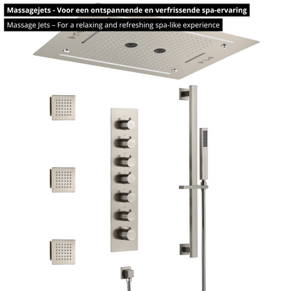 6-in-1 Thermostatische Inbouw Regendoucheset Marino – Bluetooth & Speakers – LED Verlichting – Massagejets - Brushed nickel