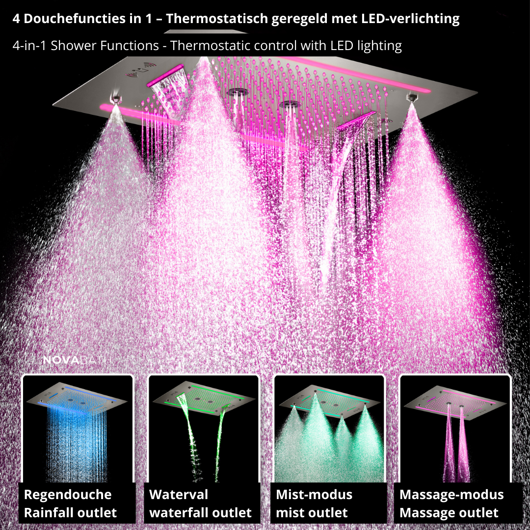 6-in-1 Thermostatische Inbouw Regendoucheset Marino – Bluetooth & Speakers – LED Verlichting – Massagejets - Brushed nickel