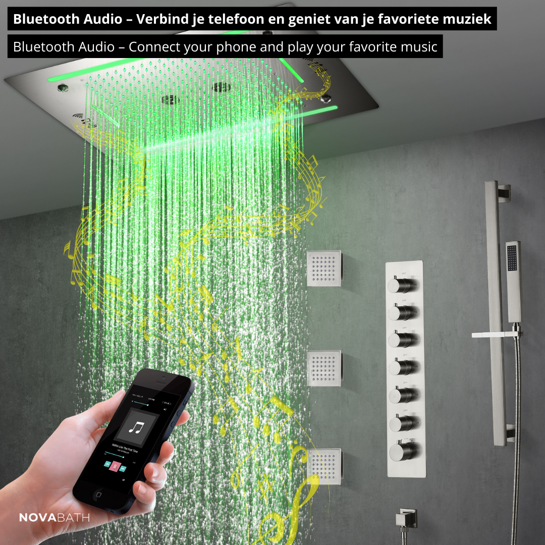 6-in-1 Thermostatische Inbouw Regendoucheset Marino – Bluetooth & Speakers – LED Verlichting – Massagejets - Brushed nickel