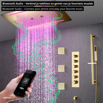 5-in-1 Thermostatische Inbouw Regendoucheset Valerie – Bluetooth & Speakers – LED Verlichting – Massagejets - Brushed gold