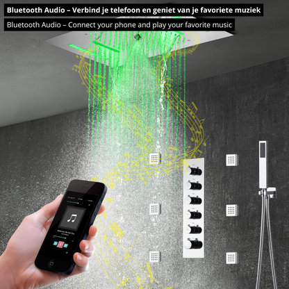 5-in-1 Thermostatische Inbouw Regendoucheset Julia – Bluetooth & Speakers – LED Verlichting – Massagejets - Chrome