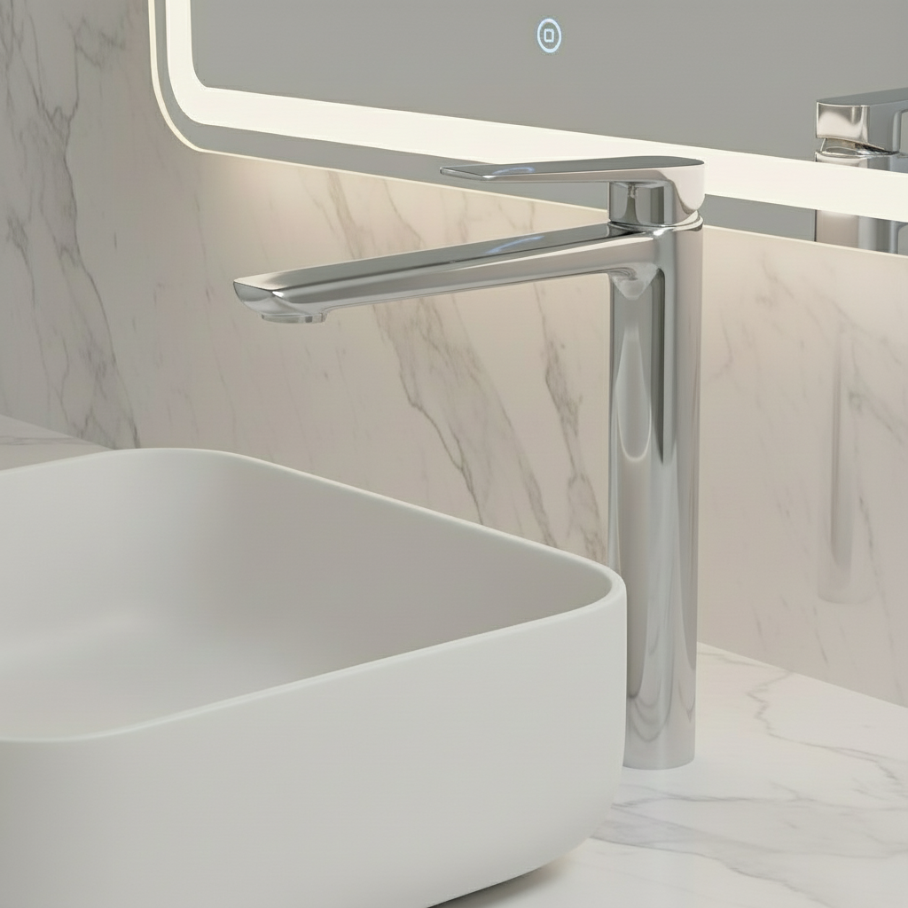 Robinet de baignoire indépendant Lisandro – Sortie d'eau en cascade – Nickel brossé