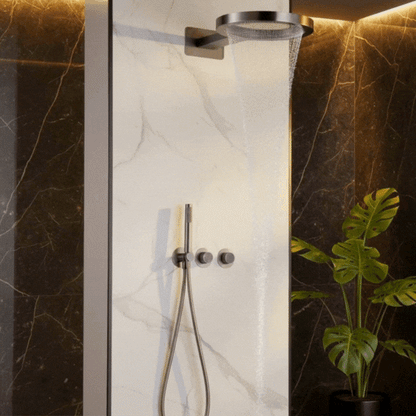 Ensemble de douche à effet pluie encastré thermostatique – Marino – Cascade & Douche à main – Régulation numérique – Gunmetal Grey
